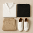 Kompozycja odzieży składająca się z białej koszulki polo, czarnego sweterka, beżowych spodni chino i białych sneakersów