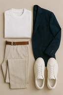 Kompozycja odzieży składająca się z białej koszulki, beżowych spodni chino, granatowej marynarki i białych adidasów