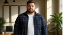 mężczyzna plus size ubrany w koszulę w granatową kratę założoną na biały t-shirt
