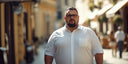 mężczyzna plus size w białej koszuli z kieszonką idzie przez miasto