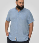 Large men's cotton-linen short-sleeved shirt FALMOUTH -D555 blue