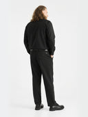 Zestaw eleganckie spodnie wizytowe Chino BRUNO Xtenda Waist granatowe, koszula wizytowa CORBIN czarna i skórzany czarny pasek NOAH