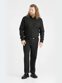 Zestaw eleganckie spodnie wizytowe Chino BRUNO Xtenda Waist granatowe, koszula wizytowa CORBIN czarna i skórzany czarny pasek NOAH